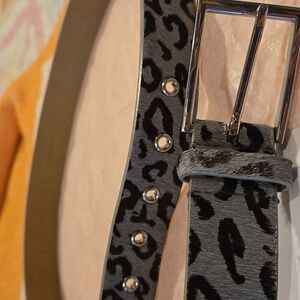 Talbots Womens Leopard Print Belt sz Large Calf Hair Gray & Black Classic